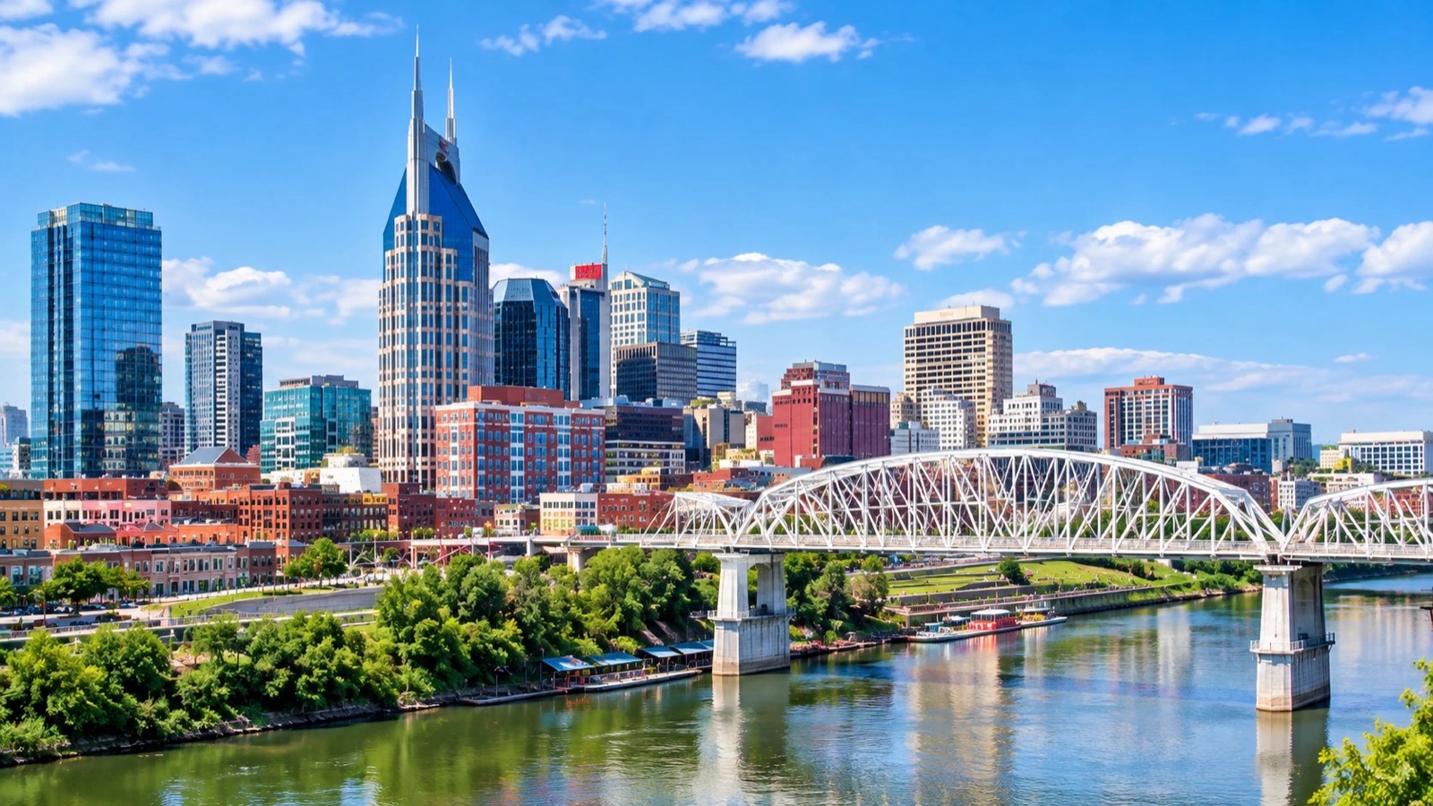 The Nashville skyline and the John Seigenthaler Pedestrian Bridge over the Cumberland River